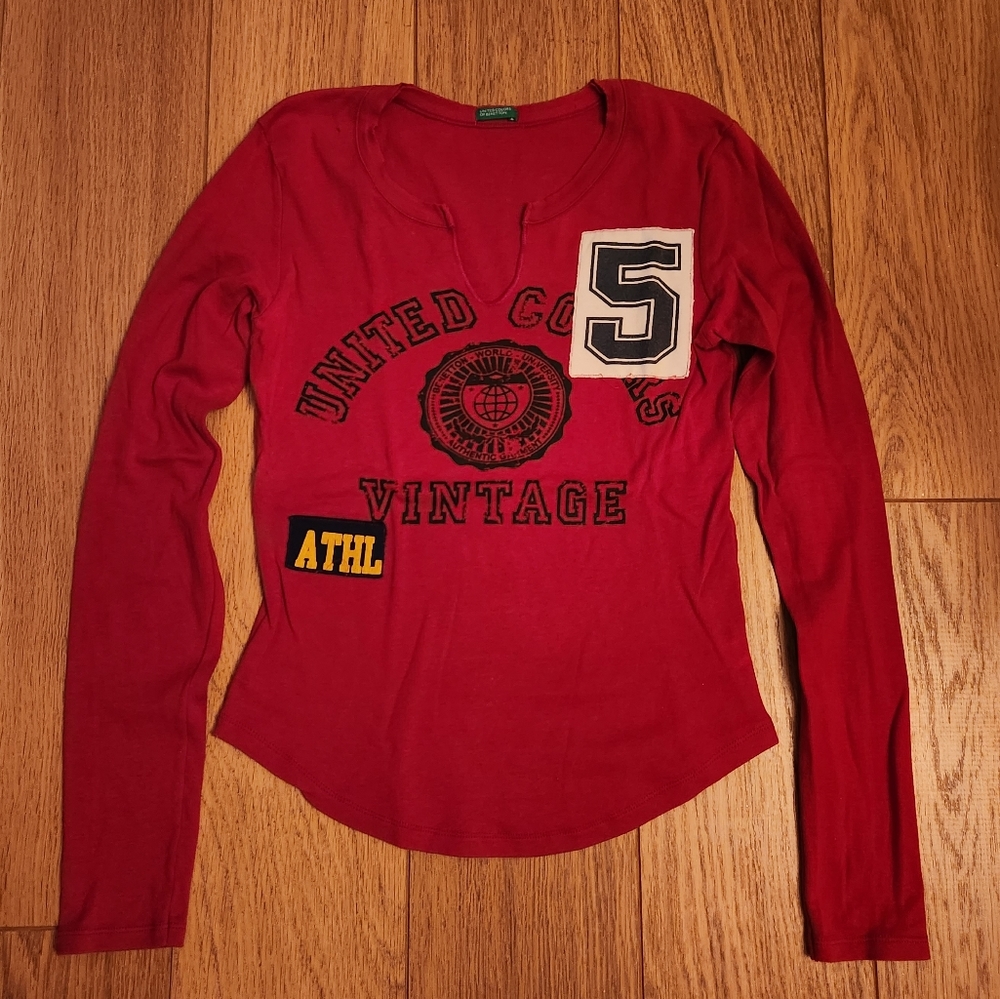 Vintage United Colors Of Benetton Rugby Long Sleeve Tee Red Small